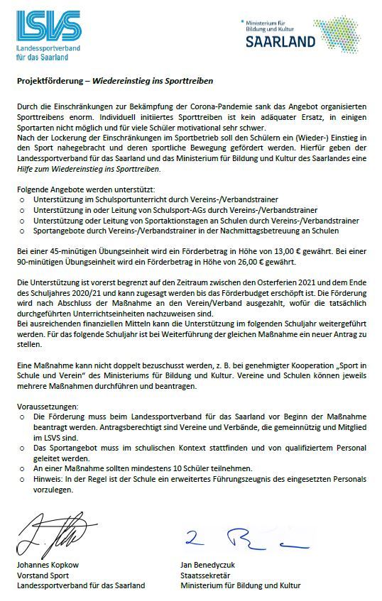 Projektfrderung Wiedereinstieg ins Sporttreiben Anschreiben Vereine